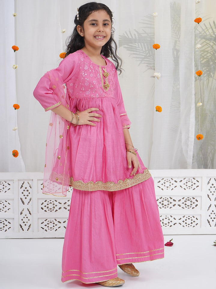 Girls Cranberry Pink Chanderi Semi-Silk Forest Tapestry Embroidery Kurta Sharara Set with Dupatta | SHOBITAM