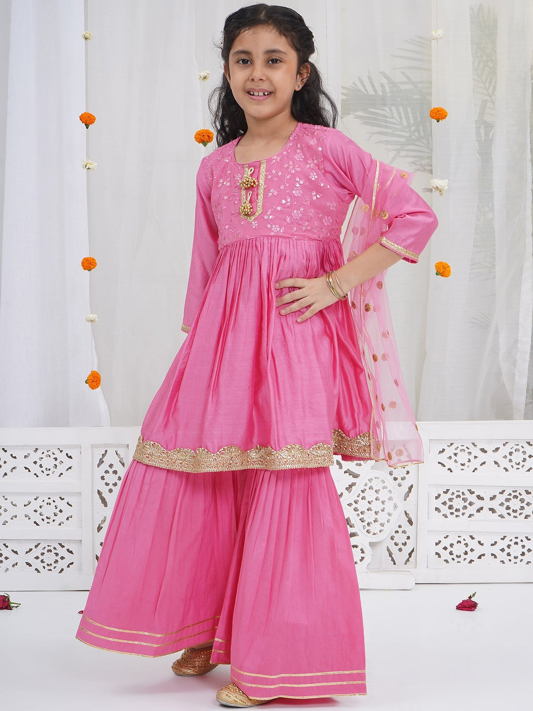 Girls Cranberry Pink Chanderi Semi-Silk Forest Tapestry Embroidery Kurta Sharara Set with Dupatta | SHOBITAM