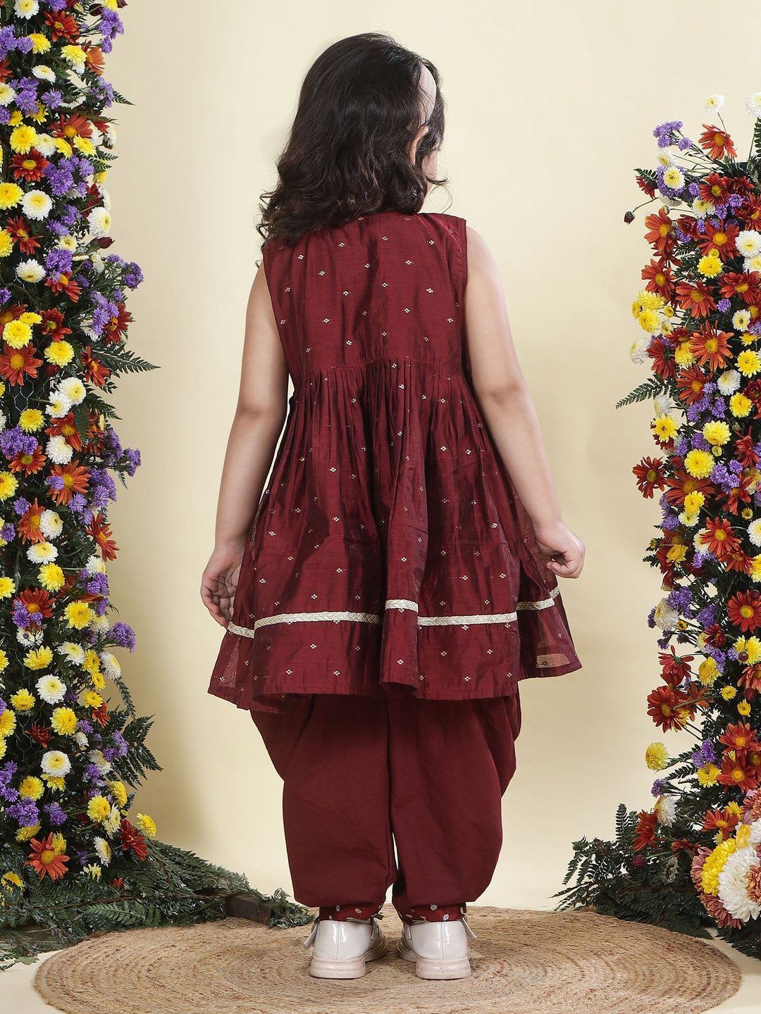 Maroon Chanderi Semi-Silk Embroidered Kurta with Cotton Salwar Set | Shobitam