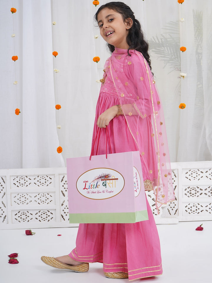 Girls Cranberry Pink Chanderi Semi-Silk Forest Tapestry Embroidery Kurta Sharara Set with Dupatta | SHOBITAM