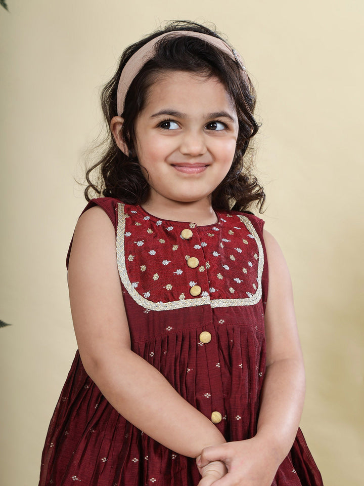 Maroon Chanderi Semi-Silk Embroidered Kurta with Cotton Salwar Set | Shobitam