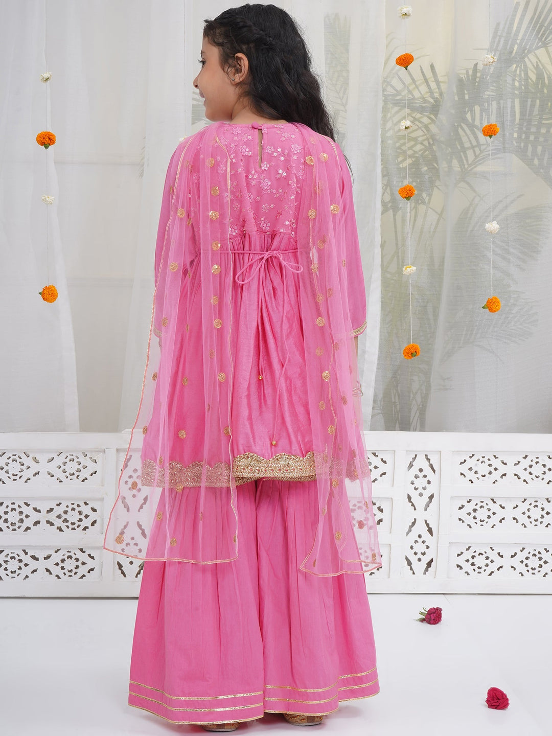 Girls Cranberry Pink Chanderi Semi-Silk Forest Tapestry Embroidery Kurta Sharara Set with Dupatta | SHOBITAM