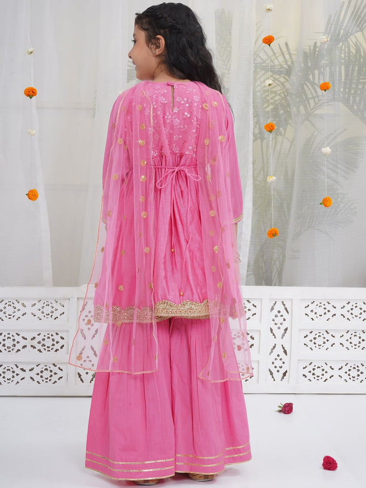 Girls Cranberry Pink Chanderi Semi-Silk Forest Tapestry Embroidery Kurta Sharara Set with Dupatta | SHOBITAM