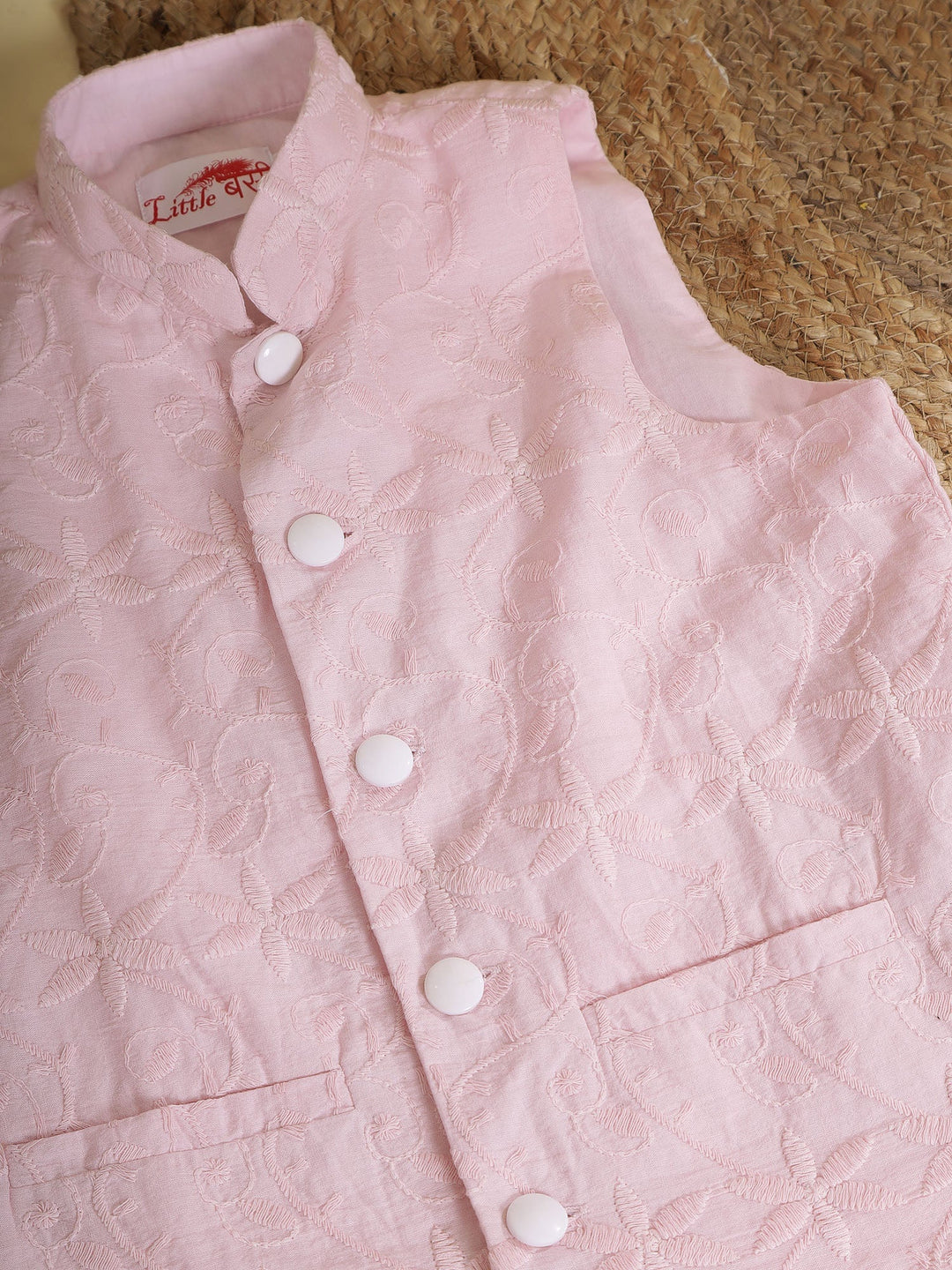 Baby Pink Floral Embroidery Nehru Jacket with Cotton Kurta Dhoti | SHOBITAM
