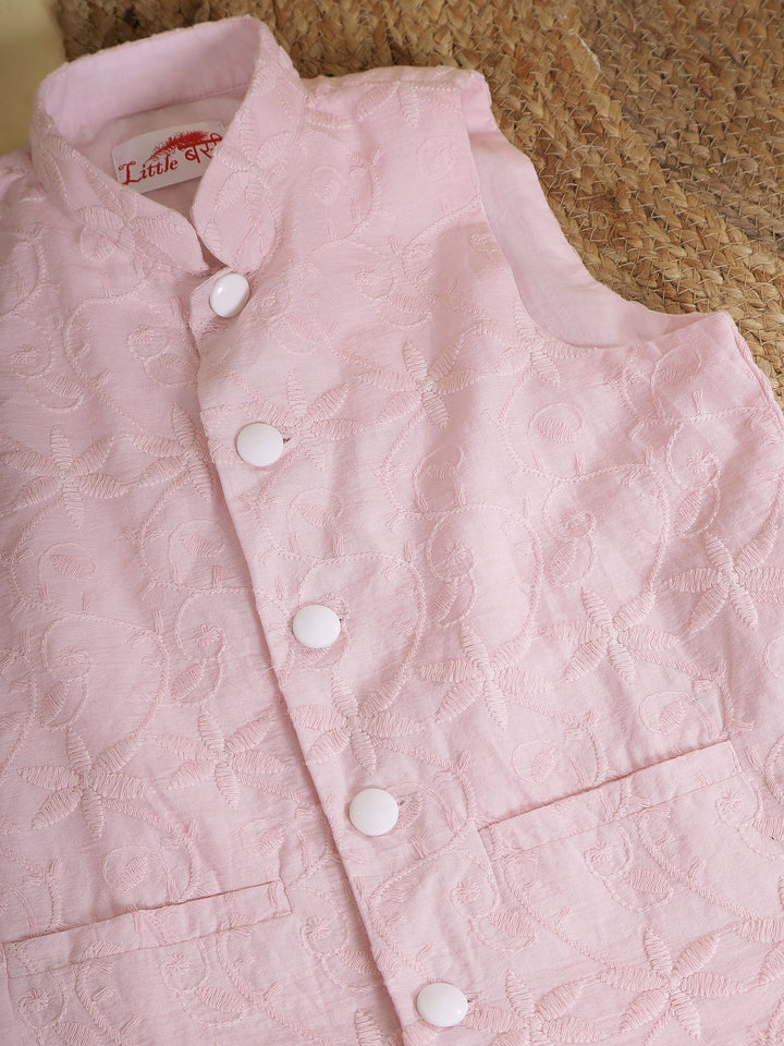 Baby Pink Floral Embroidery Nehru Jacket with Cotton Kurta Dhoti | SHOBITAM