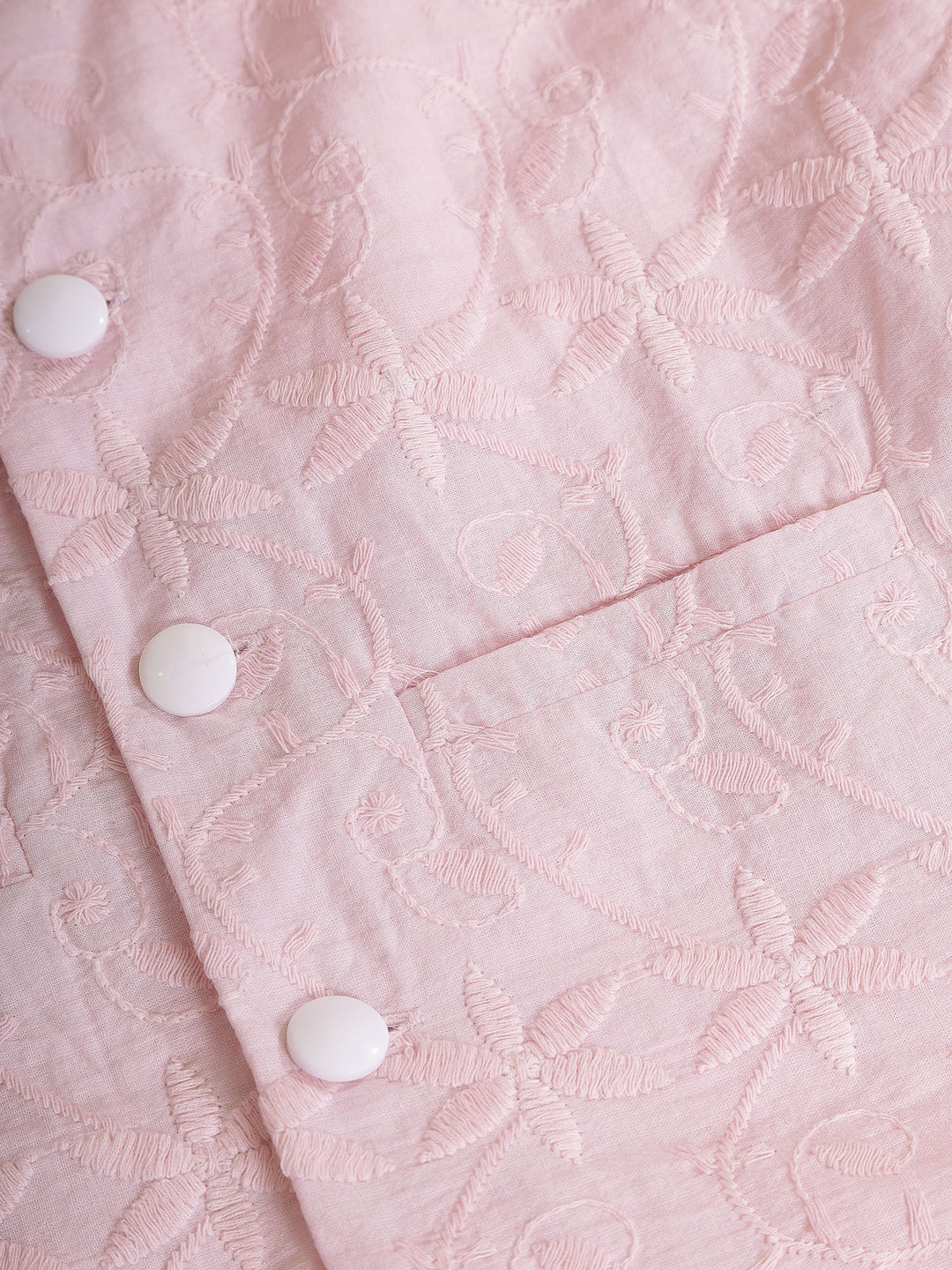 Baby Pink Floral Embroidery Nehru Jacket with Cotton Kurta Dhoti | SHOBITAM
