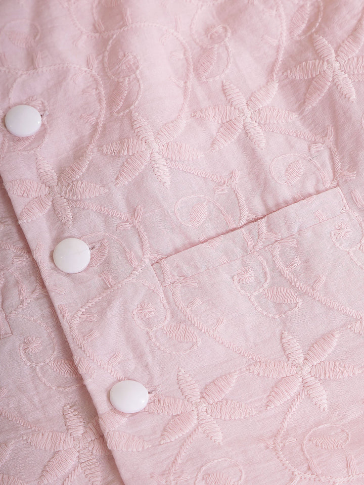 Baby Pink Floral Embroidery Nehru Jacket with Cotton Kurta Dhoti | SHOBITAM