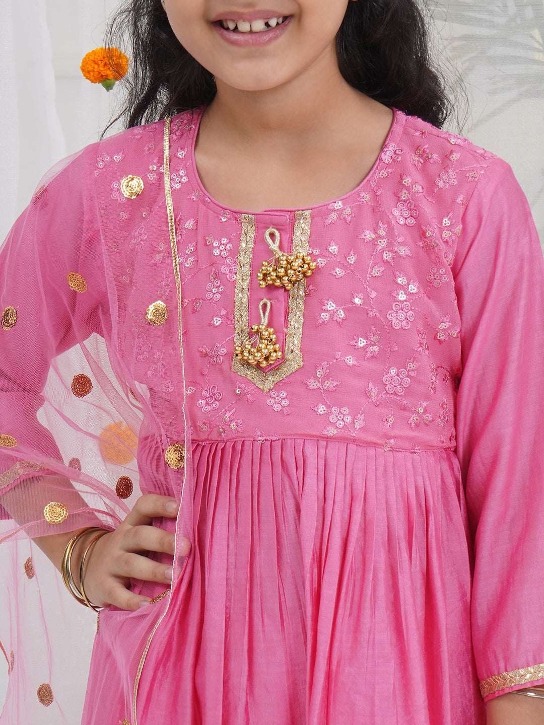 Girls Cranberry Pink Chanderi Semi-Silk Forest Tapestry Embroidery Kurta Sharara Set with Dupatta | SHOBITAM