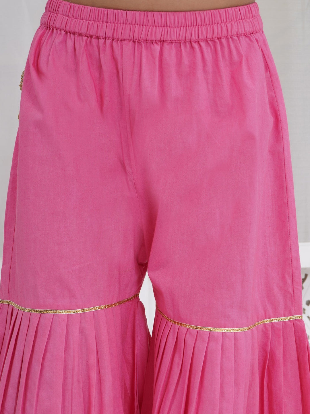 Girls Cranberry Pink Chanderi Semi-Silk Forest Tapestry Embroidery Kurta Sharara Set with Dupatta | SHOBITAM