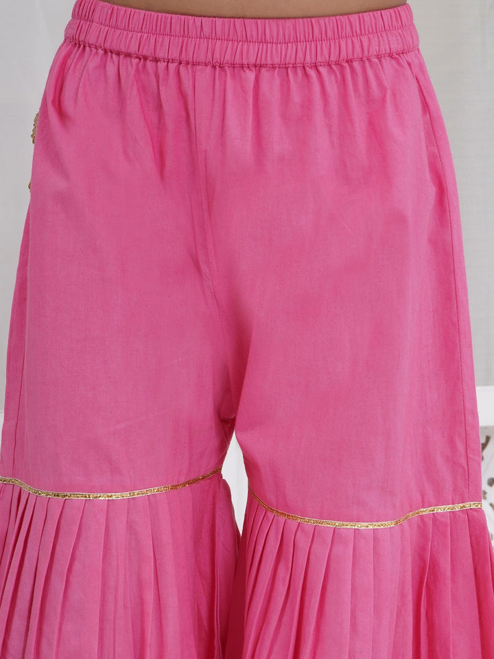 Girls Cranberry Pink Chanderi Semi-Silk Forest Tapestry Embroidery Kurta Sharara Set with Dupatta | SHOBITAM