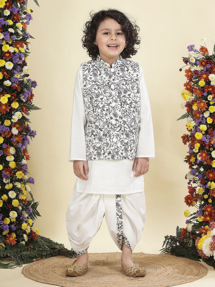 Brown Floral Nehru Jacket with White Cotton Kurta Dhoti set | SHOBITAM
