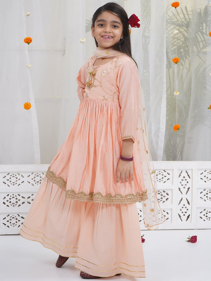 Girls Peach Chanderi Semi-Silk Floral Embroidery Kurta Sharara Set with Dupatta | SHOBITAM