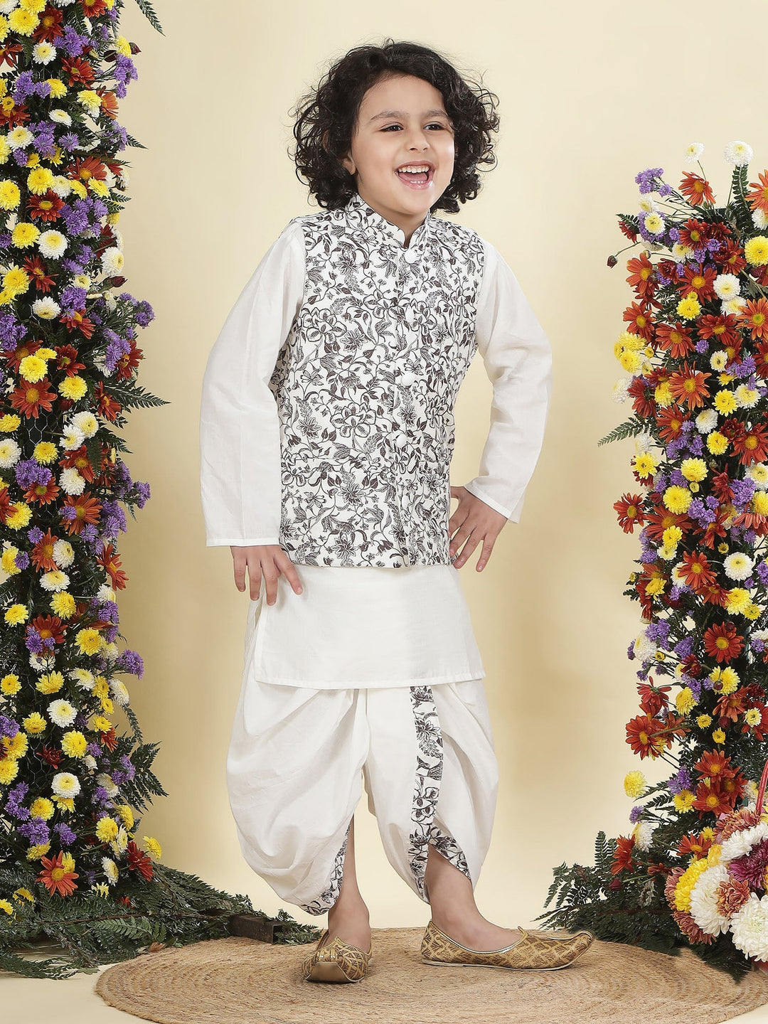 Brown Floral Nehru Jacket with White Cotton Kurta Dhoti set | SHOBITAM