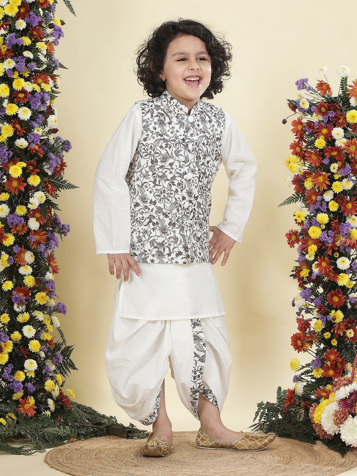 Brown Floral Nehru Jacket with White Cotton Kurta Dhoti set | SHOBITAM