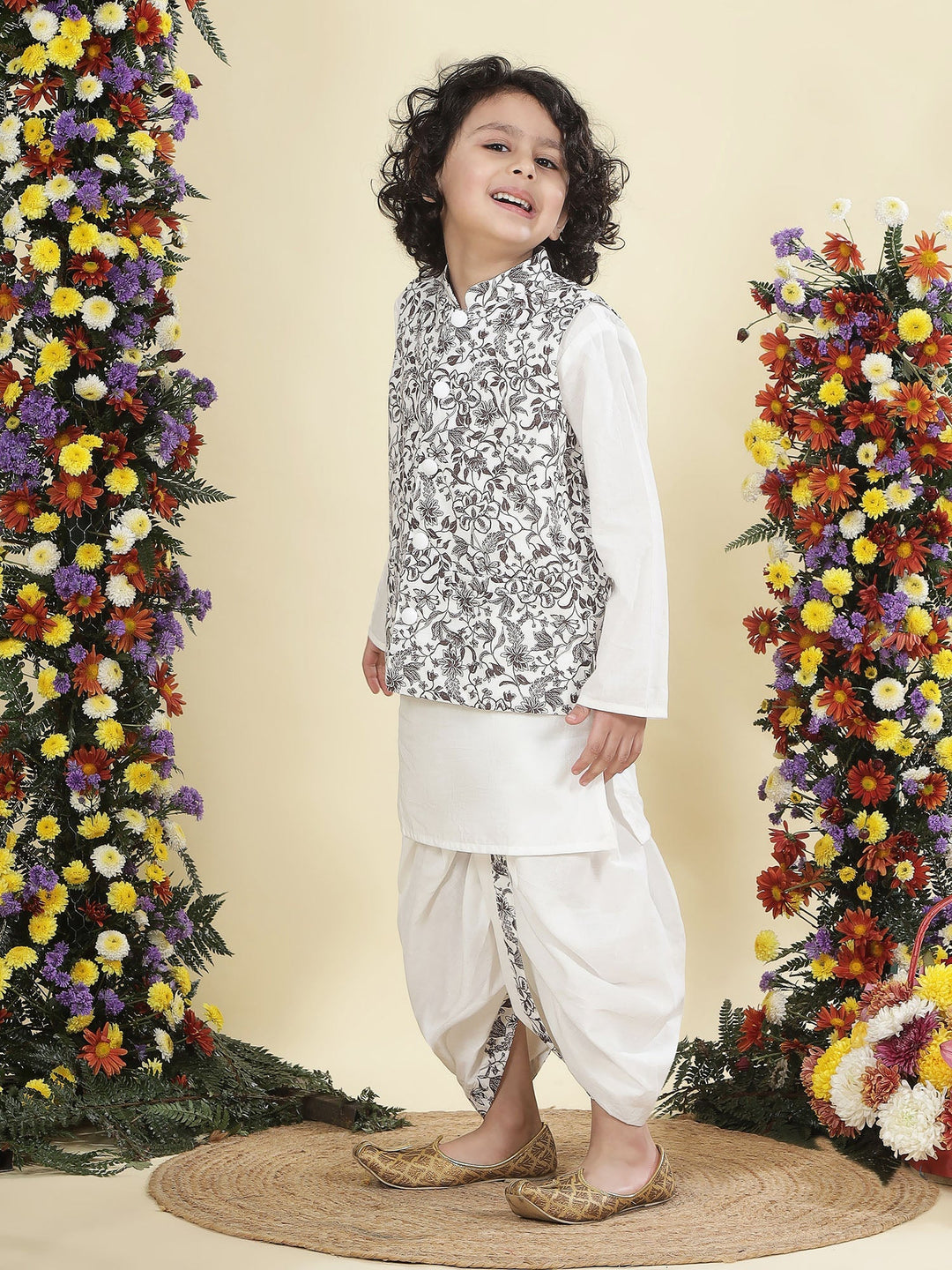 Brown Floral Nehru Jacket with White Cotton Kurta Dhoti set | SHOBITAM