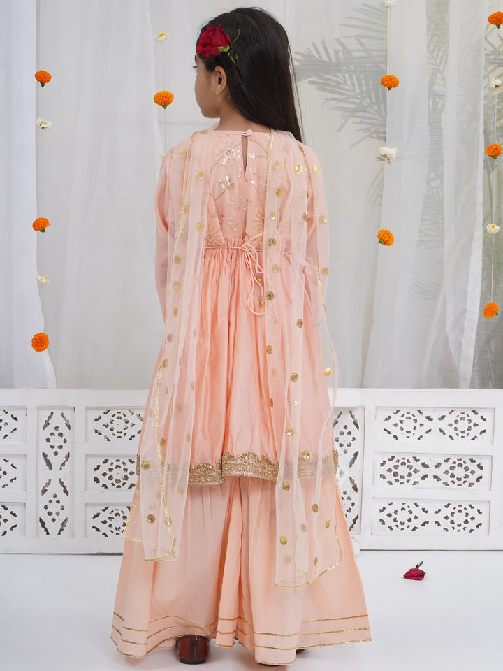 Girls Peach Chanderi Semi-Silk Floral Embroidery Kurta Sharara Set with Dupatta | SHOBITAM