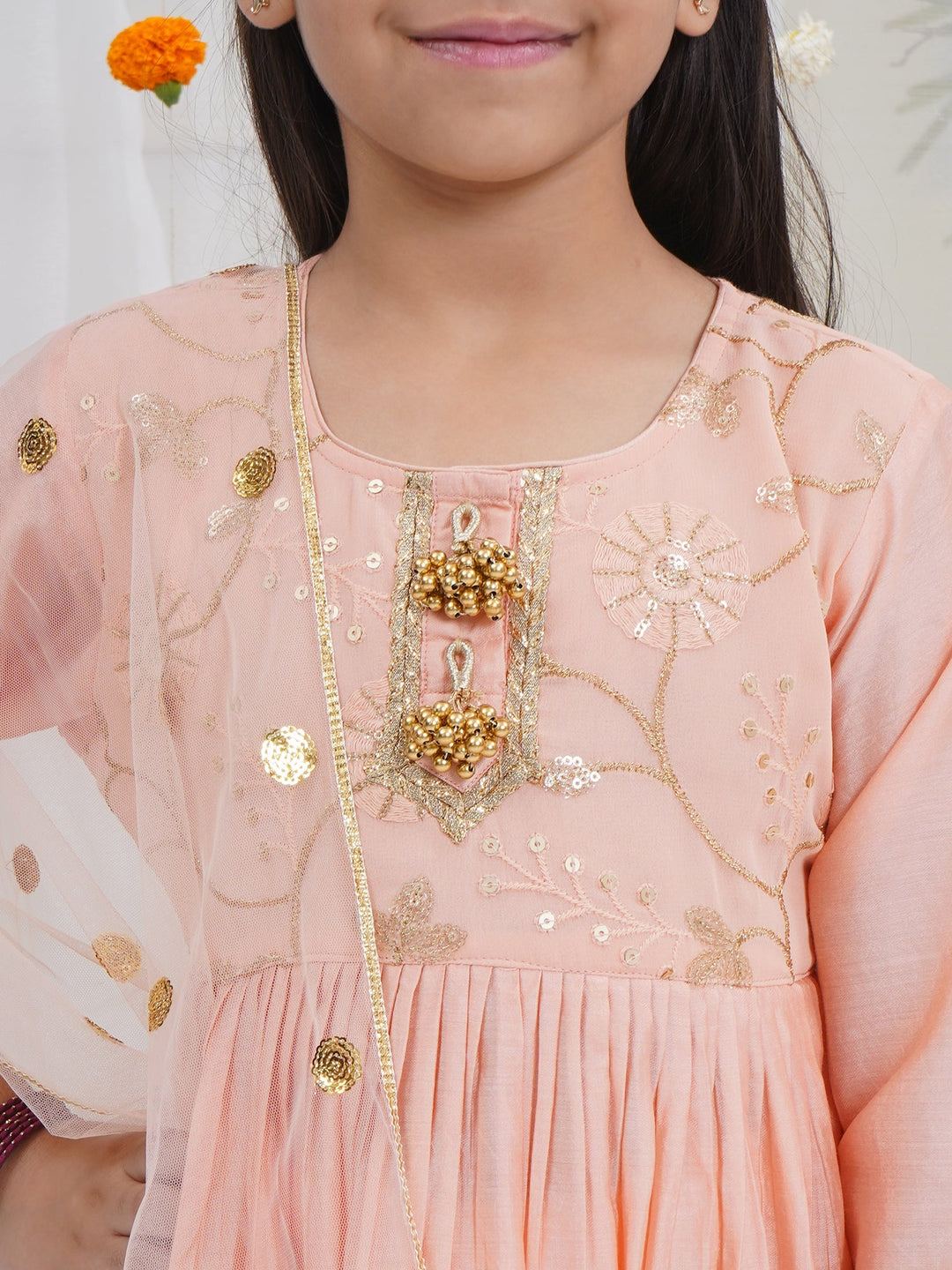 Girls Peach Chanderi Semi-Silk Floral Embroidery Kurta Sharara Set with Dupatta | SHOBITAM