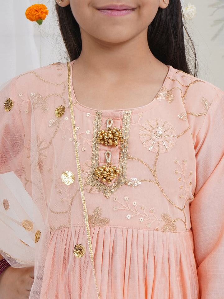 Girls Peach Chanderi Semi-Silk Floral Embroidery Kurta Sharara Set with Dupatta | SHOBITAM