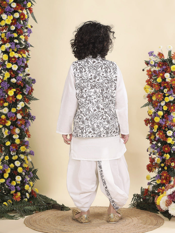 Brown Floral Nehru Jacket with White Cotton Kurta Dhoti set | SHOBITAM