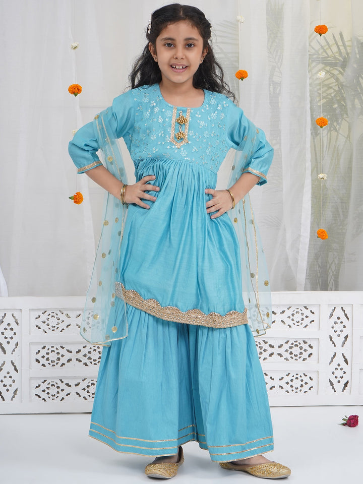 Girls Blue Kurta Sharara Set | SHOBITAM