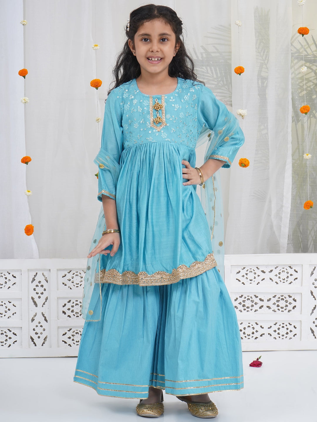 Girls Blue Kurta Sharara Set | SHOBITAM