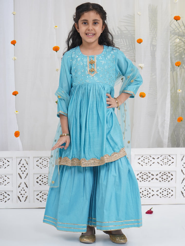 Girls Blue Kurta Sharara Set | SHOBITAM
