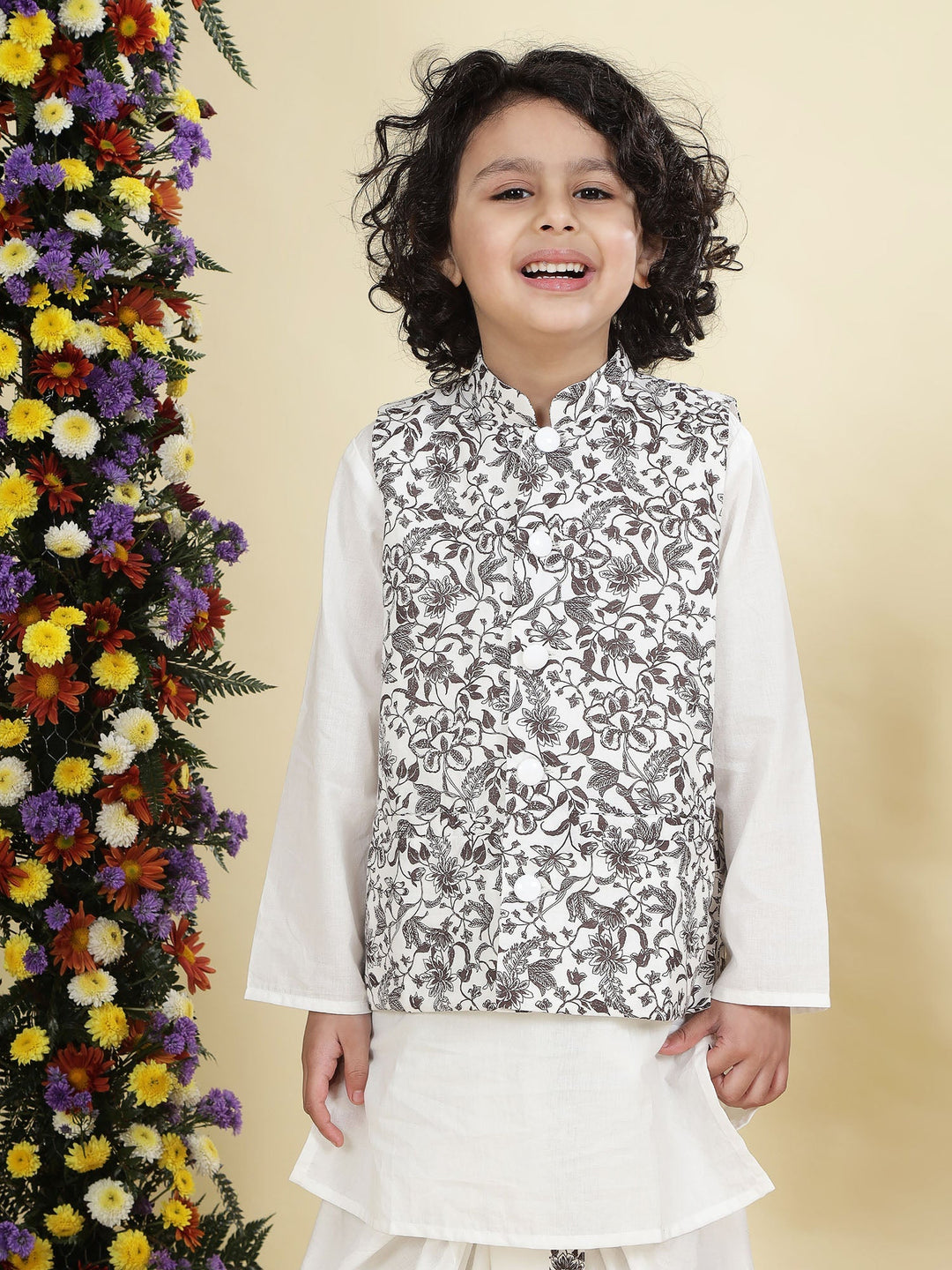Brown Floral Nehru Jacket with White Cotton Kurta Dhoti set | SHOBITAM