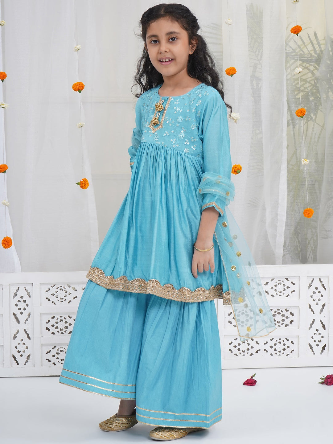 Girls Blue Kurta Sharara Set | SHOBITAM