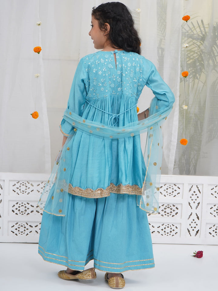 Girls Blue Kurta Sharara Set | SHOBITAM