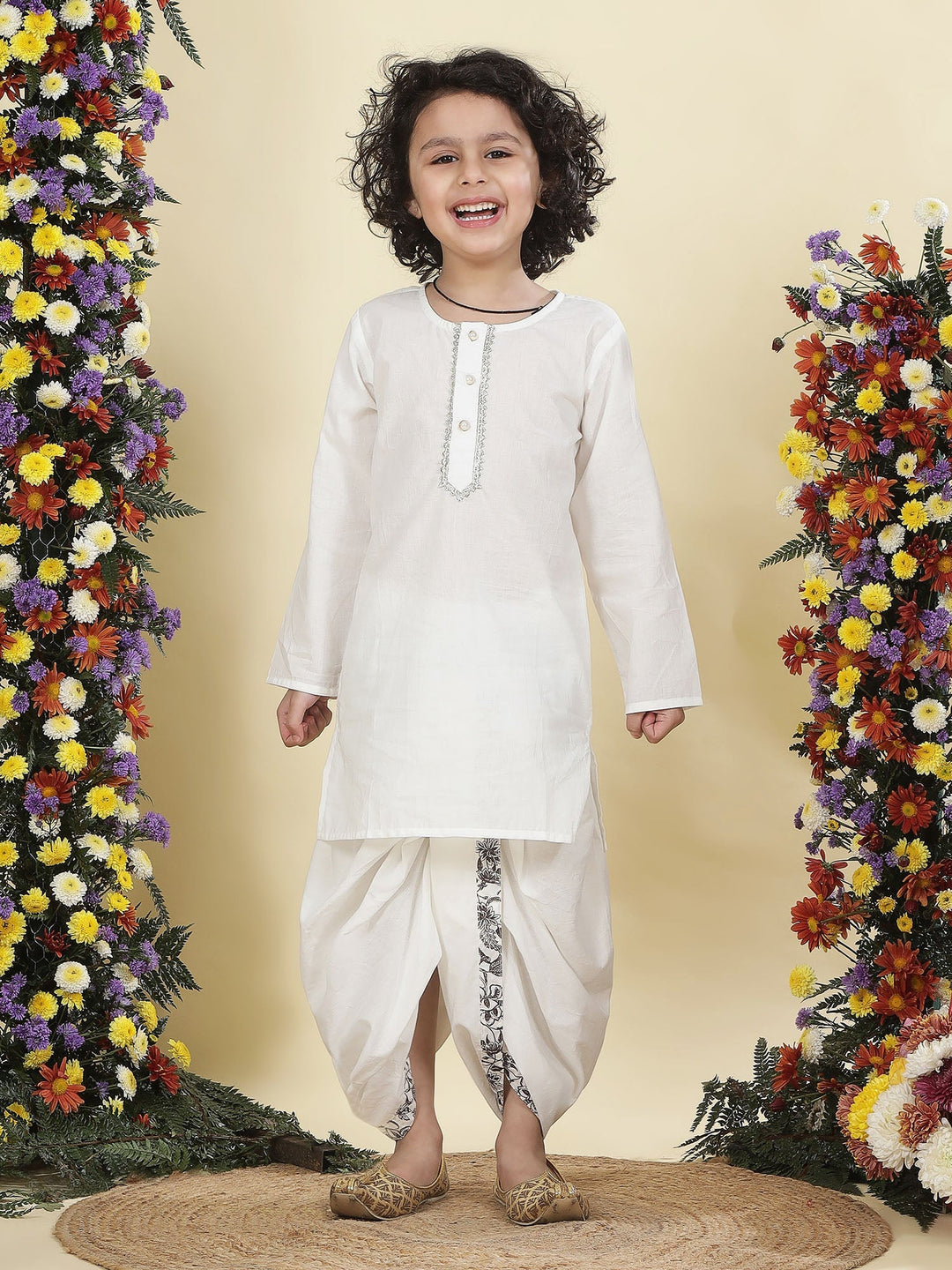 Brown Floral Nehru Jacket with White Cotton Kurta Dhoti set | SHOBITAM