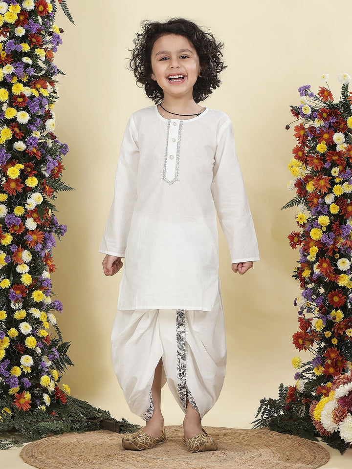 Brown Floral Nehru Jacket with White Cotton Kurta Dhoti set | SHOBITAM