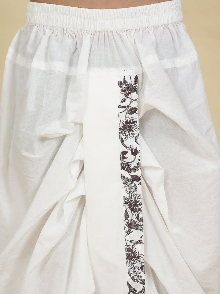 Brown Floral Nehru Jacket with White Cotton Kurta Dhoti set | SHOBITAM