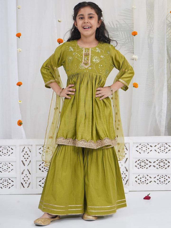 Girls Mehendi Green Chanderi Silk Floral Embroidery Kurta Sharara Set with Dupatta & Cotton Lining | SHOBITAM