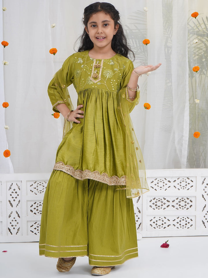 Girls Mehendi Green Chanderi Silk Floral Embroidery Kurta Sharara Set with Dupatta & Cotton Lining | SHOBITAM