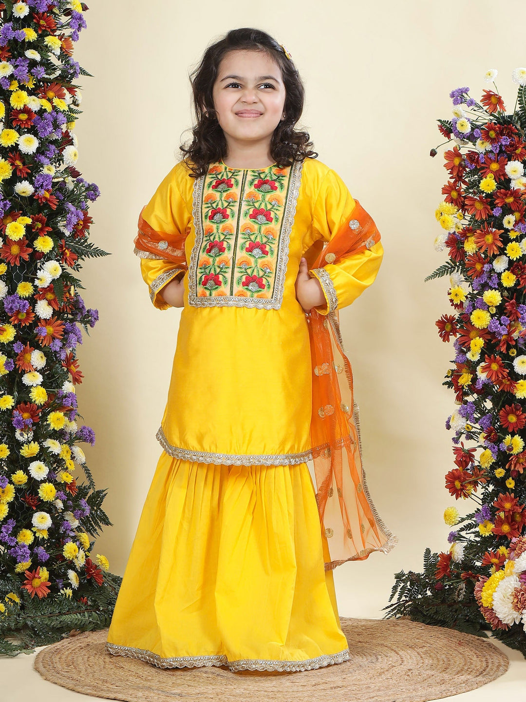 Yellow Floral Embroidered Semi-Silk Kurta with Cotton Sharara and Dupatta Set | SHOBITAM
