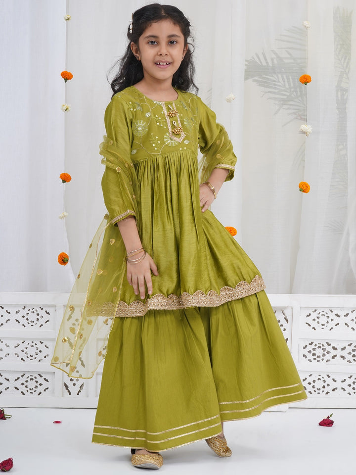 Girls Mehendi Green Chanderi Silk Floral Embroidery Kurta Sharara Set with Dupatta & Cotton Lining | SHOBITAM