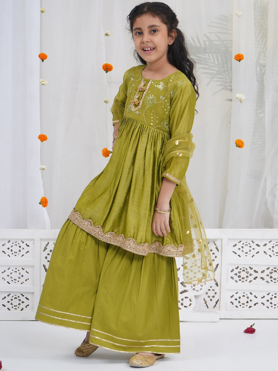 Girls Mehendi Green Chanderi Silk Floral Embroidery Kurta Sharara Set with Dupatta & Cotton Lining | SHOBITAM