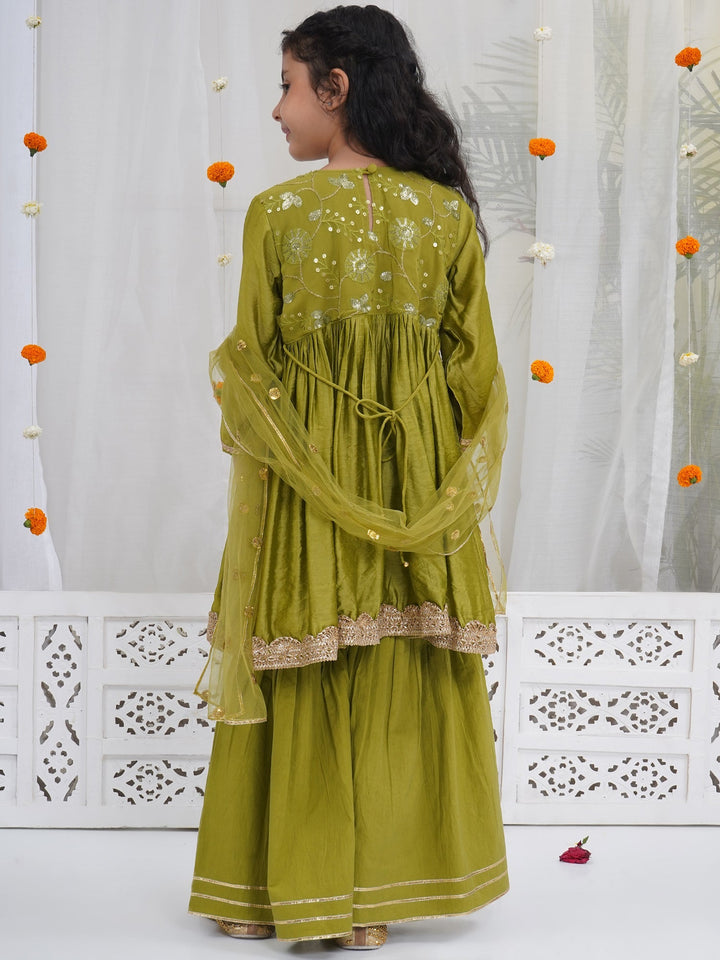 Girls Mehendi Green Chanderi Silk Floral Embroidery Kurta Sharara Set with Dupatta & Cotton Lining | SHOBITAM