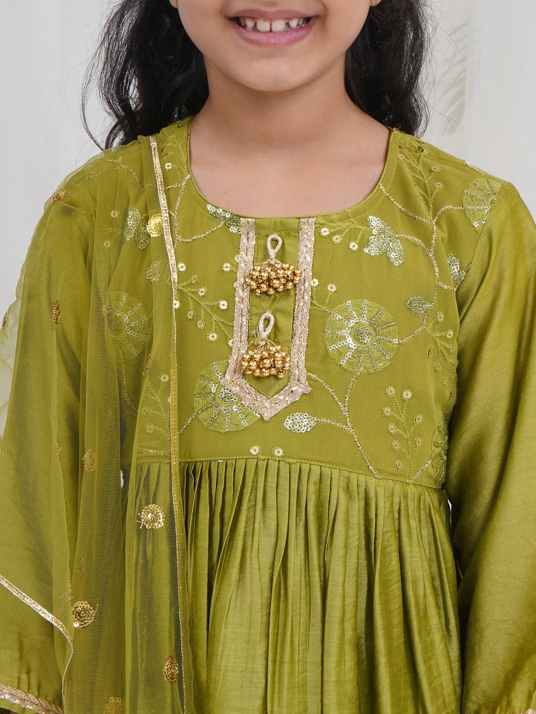 Girls Mehendi Green Chanderi Silk Floral Embroidery Kurta Sharara Set with Dupatta & Cotton Lining | SHOBITAM