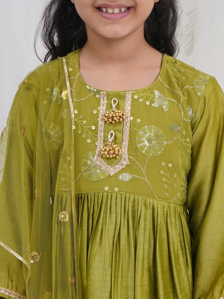 Girls Mehendi Green Chanderi Silk Floral Embroidery Kurta Sharara Set with Dupatta & Cotton Lining | SHOBITAM