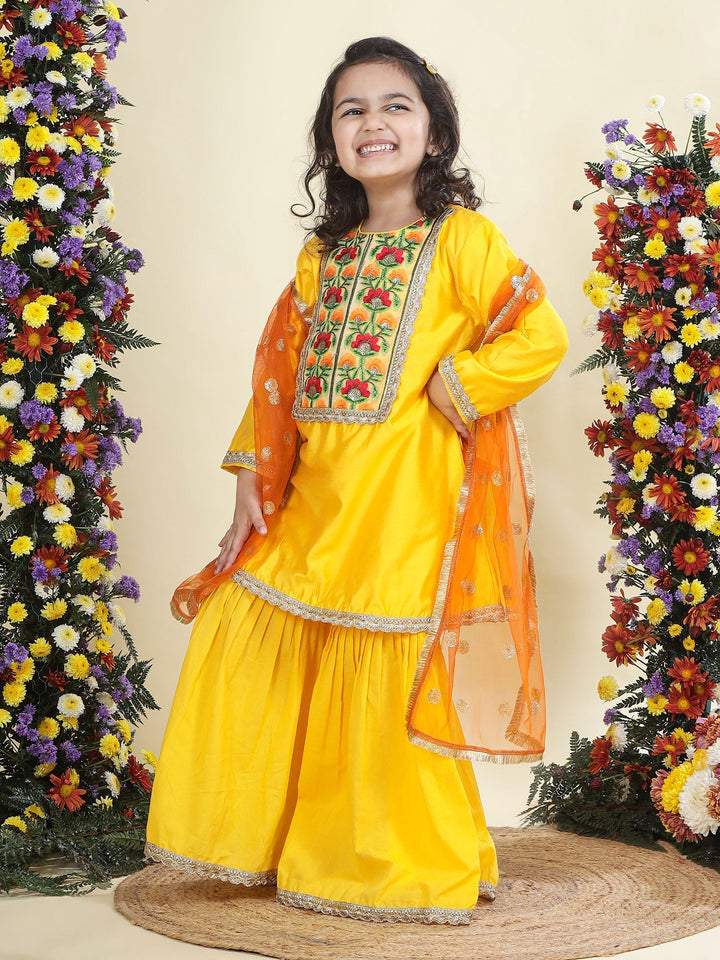 Yellow Floral Embroidered Semi-Silk Kurta with Cotton Sharara and Dupatta Set | SHOBITAM