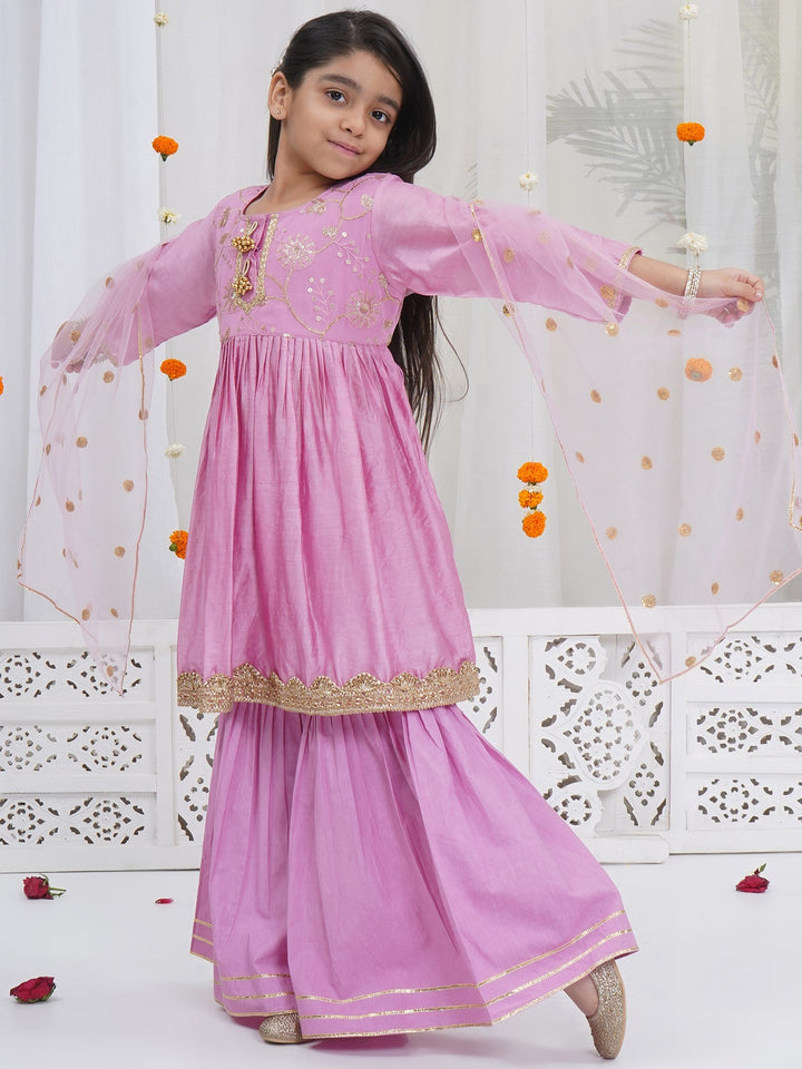 Girls Lavender Pink Chanderi Semi-Silk Floral Embroidery Kurta Sharara Set with Dupatta & Cotton Lining | SHOBITAM