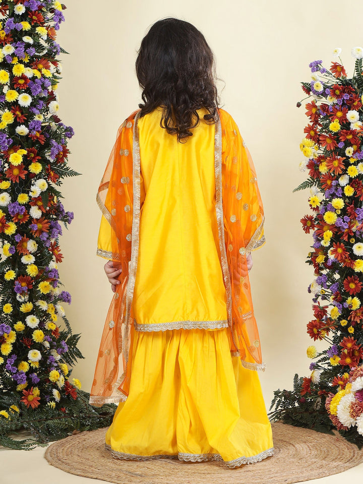 Yellow Floral Embroidered Semi-Silk Kurta with Cotton Sharara and Dupatta Set | SHOBITAM