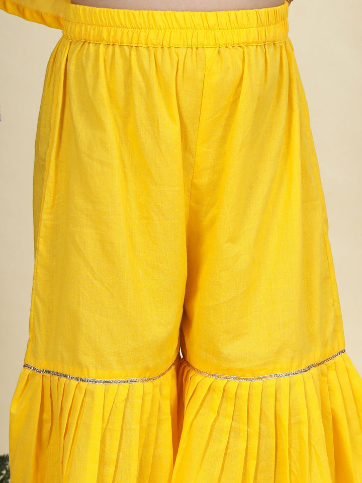 Yellow Floral Embroidered Semi-Silk Kurta with Cotton Sharara and Dupatta Set | SHOBITAM