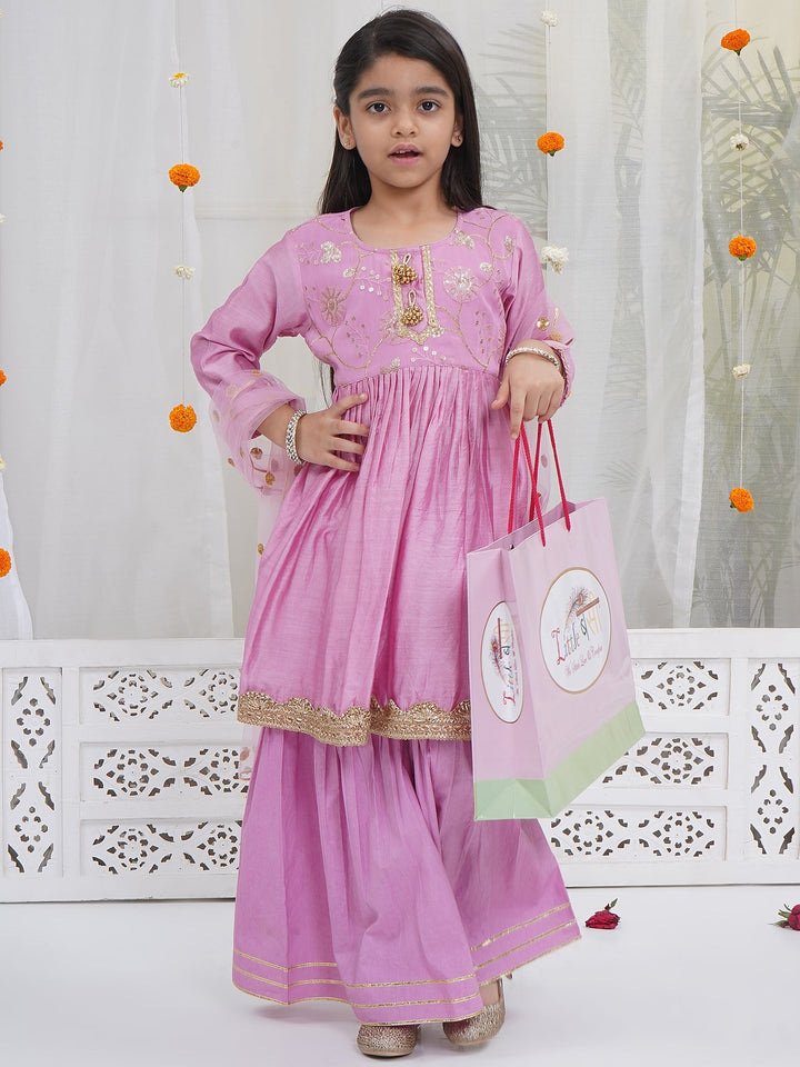 Girls Lavender Pink Chanderi Semi-Silk Floral Embroidery Kurta Sharara Set with Dupatta & Cotton Lining | SHOBITAM