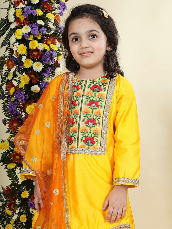 Yellow Floral Embroidered Semi-Silk Kurta with Cotton Sharara and Dupatta Set | SHOBITAM