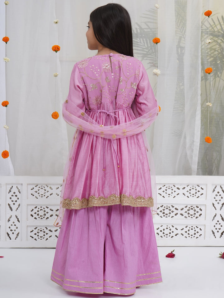 Girls Lavender Pink Chanderi Semi-Silk Floral Embroidery Kurta Sharara Set with Dupatta & Cotton Lining | SHOBITAM