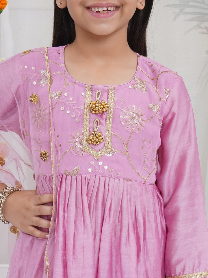Girls Lavender Pink Chanderi Semi-Silk Floral Embroidery Kurta Sharara Set with Dupatta & Cotton Lining | SHOBITAM