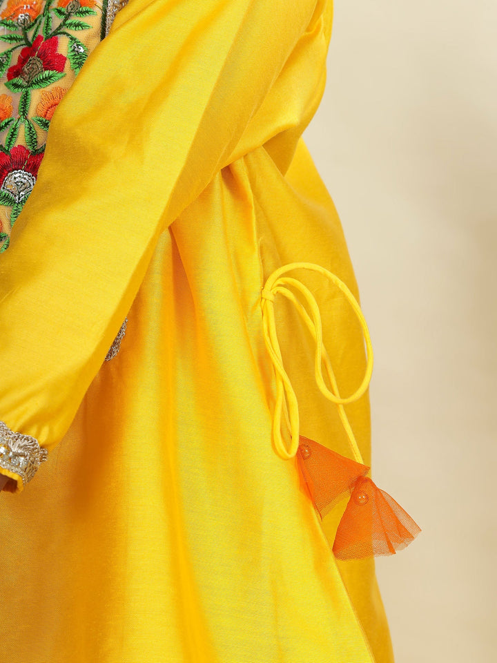 Yellow Floral Embroidered Semi-Silk Kurta with Cotton Sharara and Dupatta Set | SHOBITAM