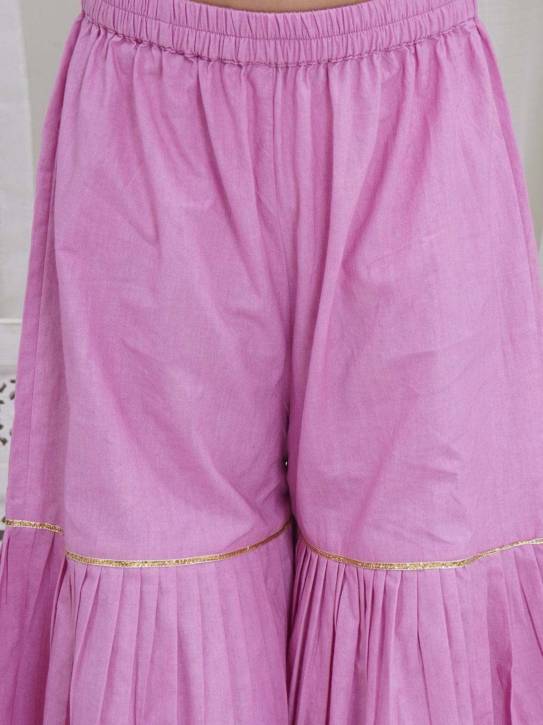 Girls Lavender Pink Chanderi Semi-Silk Floral Embroidery Kurta Sharara Set with Dupatta & Cotton Lining | SHOBITAM